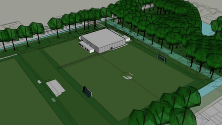 Situatieschets van het tijdelijke loods waarin de activiteiten van het dorpshuis Abbekerk plaatsvinden. De loods staat naast het voetbalveld.