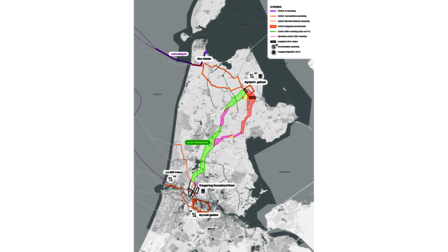 Kaart van provincie Noord-Holland waarop de plannen voor het hoogspanningsnetwerk worden weergegeven.